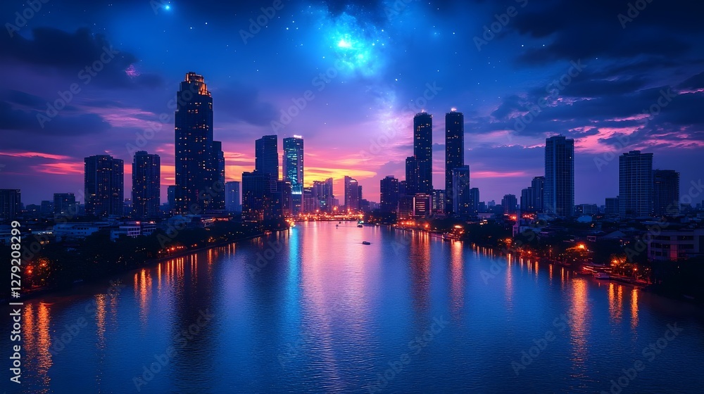 Obraz premium Stunning Cityscape Night View Colorful Reflections Skyline Lights Over Water | AI Generated