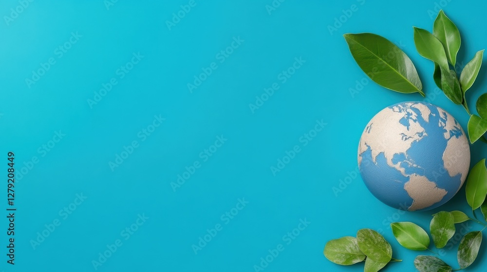 A textured globe sits on a vibrant blue background, surrounded by lush green foliage. The image promotes environmental consciousness, focusing on A textured globe sits on a vibrant blue background, surrounded by lush green foliage. The image promotes environmental consciousness, focusing on