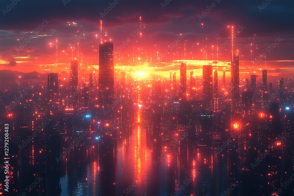 Fototapeta premium Futuristic city skyline at sunset, glowing with red lights reflecting on water.