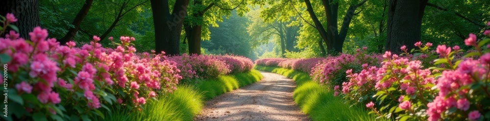 Winding forest path lined with blooming pink shrubs, shrubs, verdant trees Winding forest path lined with blooming pink shrubs, shrubs, verdant trees