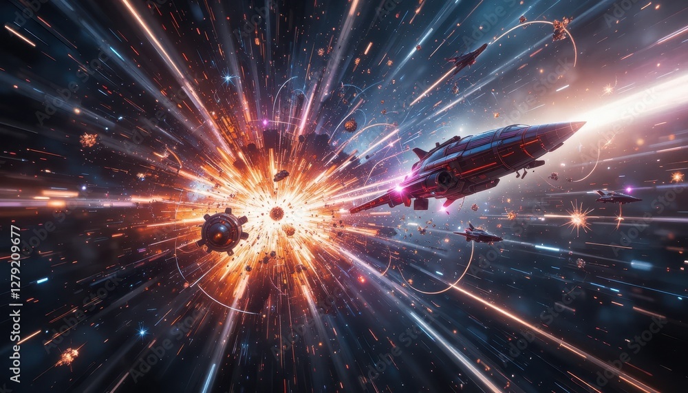 Obraz premium Dynamic Cosmic Explosion with Spaceship and Stellar Elements