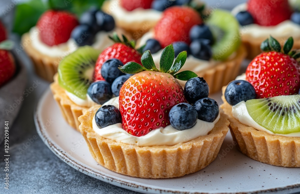 Tarts with fruit and cream on a white plate Tarts with fruit and cream on a white plate
