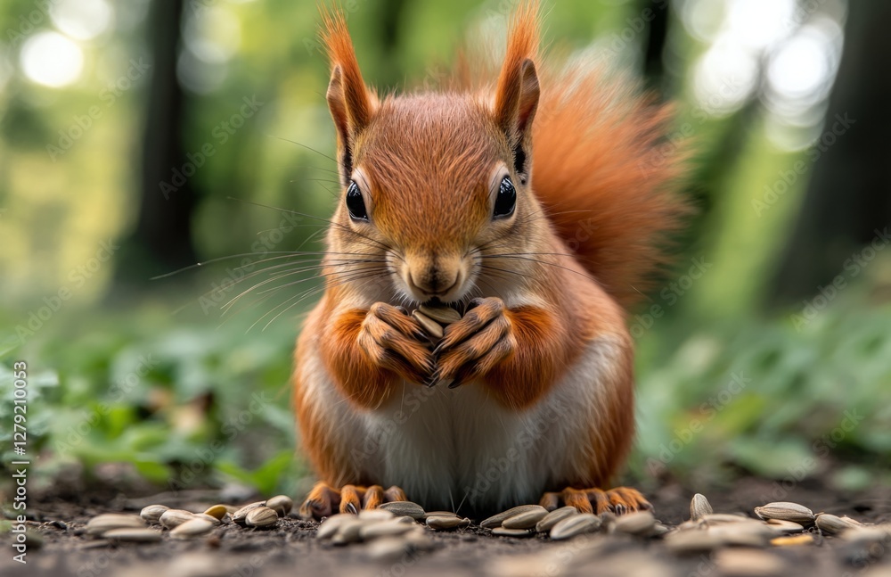 Squirrel Eating Sunflower Seeds on the Ground in Spring or Autumn Squirrel Eating Sunflower Seeds on the Ground in Spring or Autumn