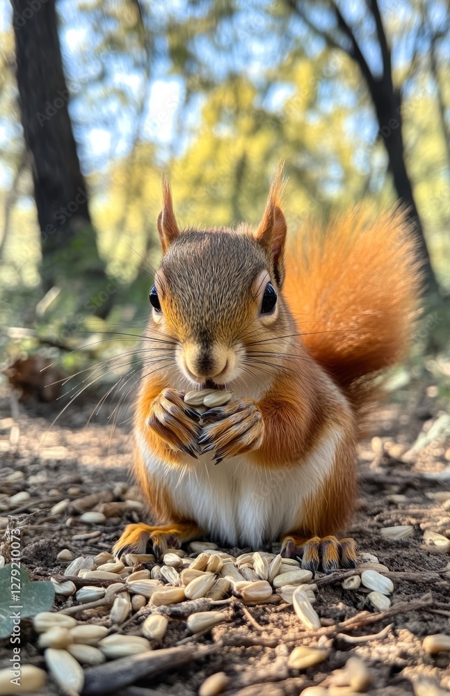 Squirrel Eating Sunflower Seeds on the Ground in Spring or Autumn Squirrel Eating Sunflower Seeds on the Ground in Spring or Autumn