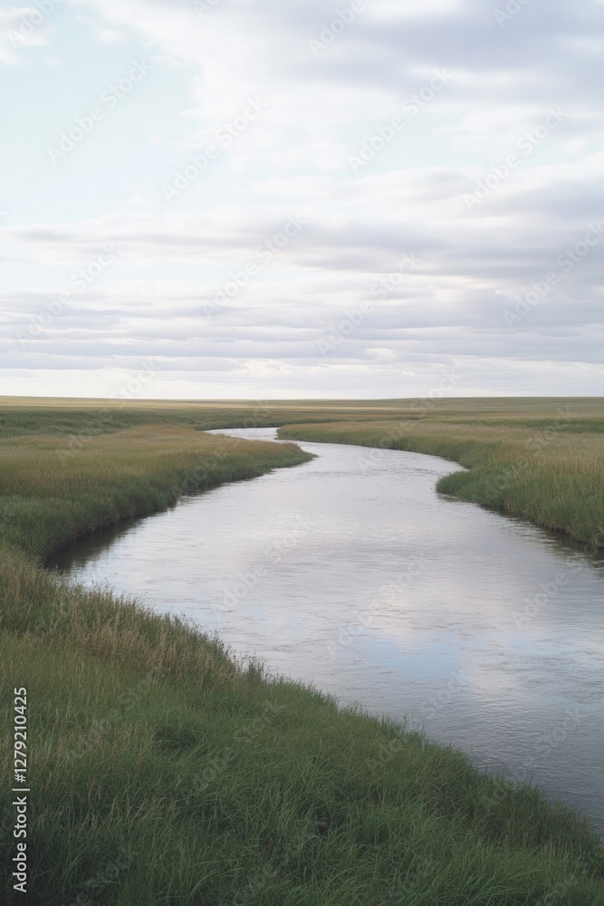 Fototapeta premium Serene landscape with winding river surrounded by lush green gra