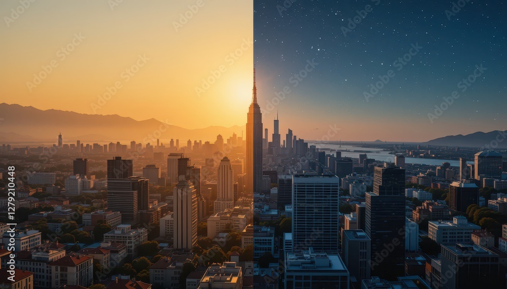 Obraz premium Sunrise and Twilight Cityscape Split View with Skyscrapers and Stars