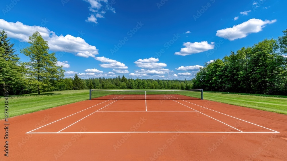 Fototapeta premium A tennis court with clay surface under a bright blue sky dotted with fluffy white clouds, lush green trees lining the perimeter creating a vibrant