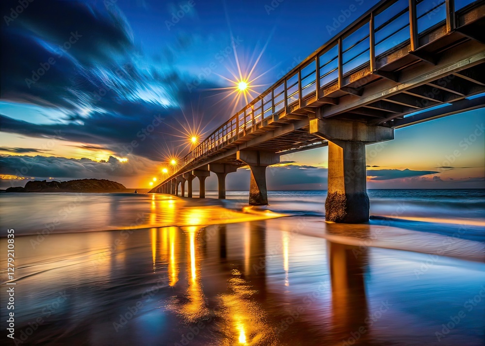 Obraz premium Low Light Beach Bridge, Night Photography, Dramatic Bridge, Coastal Scenery, Atmospheric