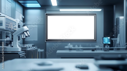 Fototapeta Naklejka Na Ścianę i Meble -  laboratory equipment in a laboratory and empty 3d white glowing frame on wall 3d render design. Modern Digital Science Laboratory Interior with Advanced Equipment – High-Tech Research Lab Design