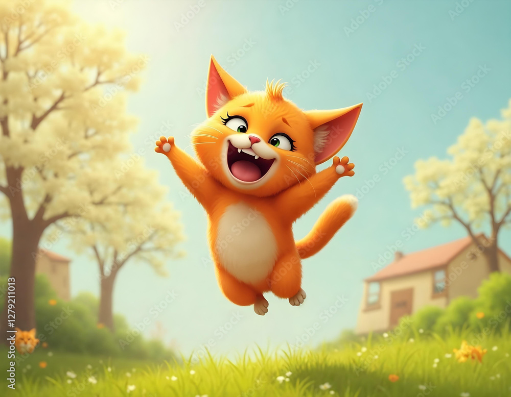 Funny red ginger cat flying in the air in spring. Cartoon illustration for tales
