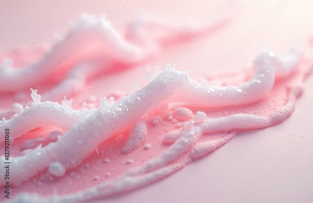 Fototapeta premium White bubble foam texture on pink surface. Cosmetic cleanser close-up. Abstract background, soft light and shadows. Shampoo, shower gel or soap suds on skin, body care treatment.