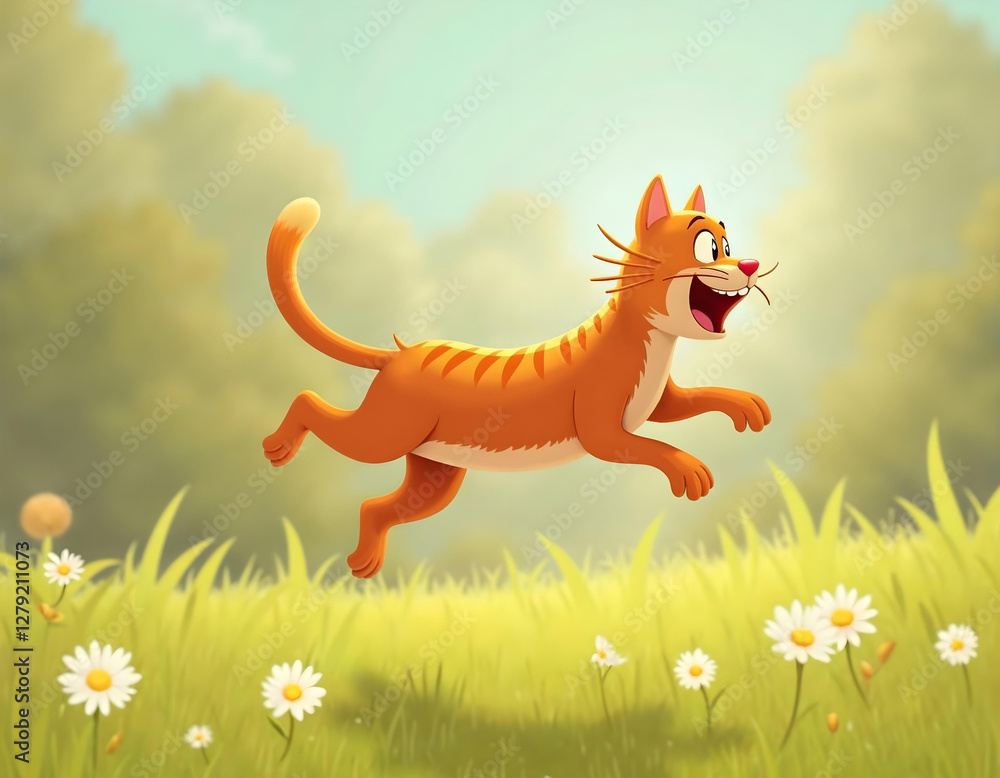 Funny red ginger cat flying in the air in spring. Cartoon illustration for tales