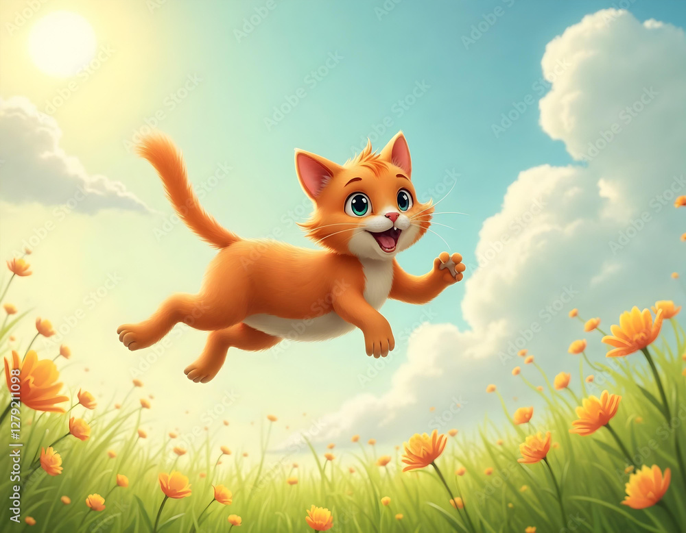 Funny red ginger cat flying in the air in spring. Cartoon illustration for tales