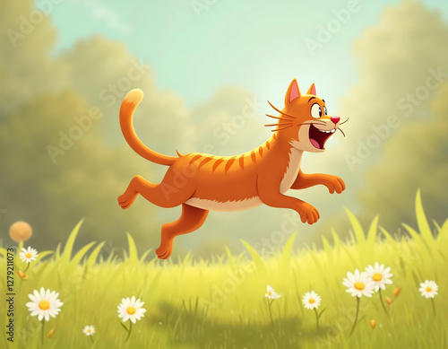 Funny red ginger cat flying in the air in spring. Cartoon illustration for tales