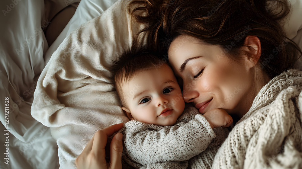 A mother with her newborn son, hugging each other happily celebrating Mother's Day A mother with her newborn son, hugging each other happily celebrating Mother's Day