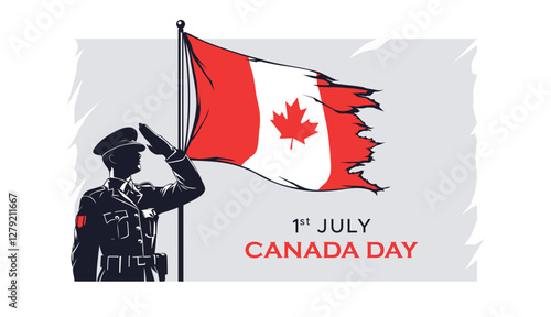 vector illustration of a soldier silhouette saluting and the Canadian flag waving. This design is a celebration of Canada's national holiday. July 1, Canada Day.