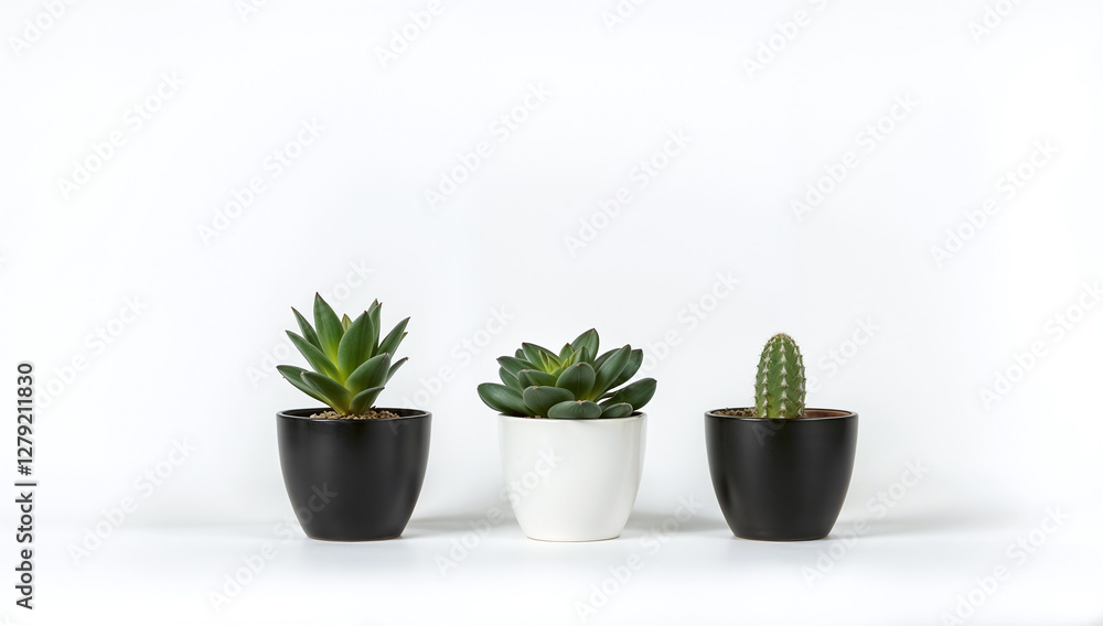 Small potted succulents and a cactus in ceramic pots on a white surface against a white background Small potted succulents and a cactus in ceramic pots on a white surface against a white background