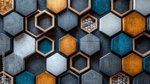 Abstract hexagonal wall design, modern geometric pattern, decorative background.  Possible use  wallpaper or product display