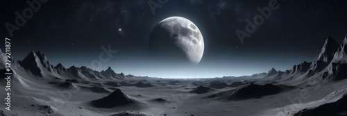 Lunar Landscape: An expansive panoramic view of a desolate lunar surface under a dramatic night sky, showcasing the moon's textured surface, celestial bodies, and a sense of the unknown. photo