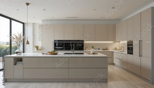 Modern minimalist kitchen design with sleek cabinetry and island