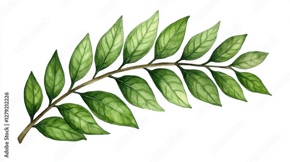 Naklejka premium Watercolor painting of a green leaf branch on white background. The branch features multiple ovate leaves, varying slightly in shade and size. The
