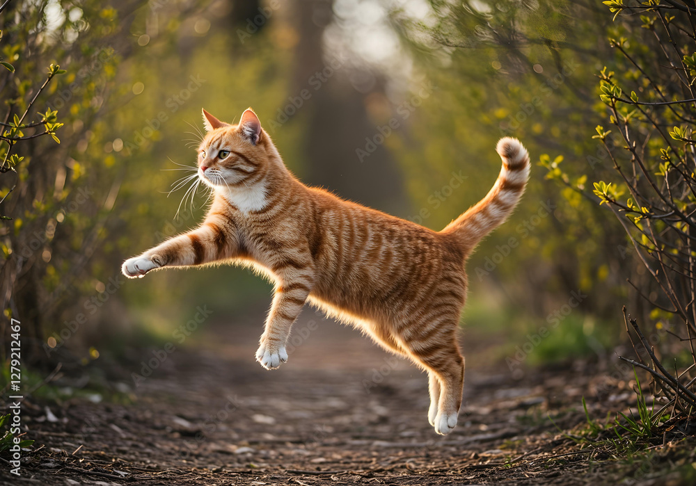 Funny red ginger cat flying in the air in spring