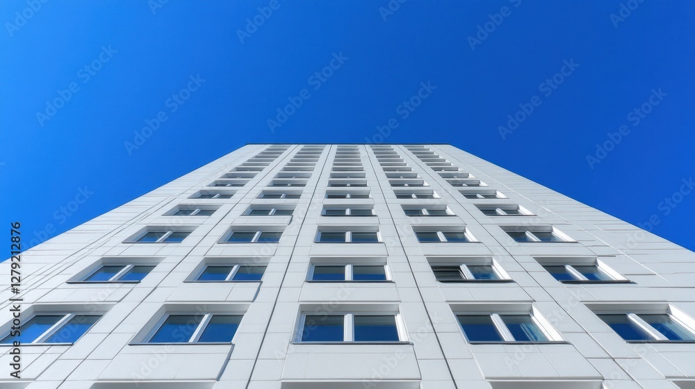 A striking low angle shot captures a tall building against a vibrant clear blue sky. The building's repetitive window pattern and stark white facade A striking low angle shot captures a tall building against a vibrant clear blue sky. The building's repetitive window pattern and stark white facade