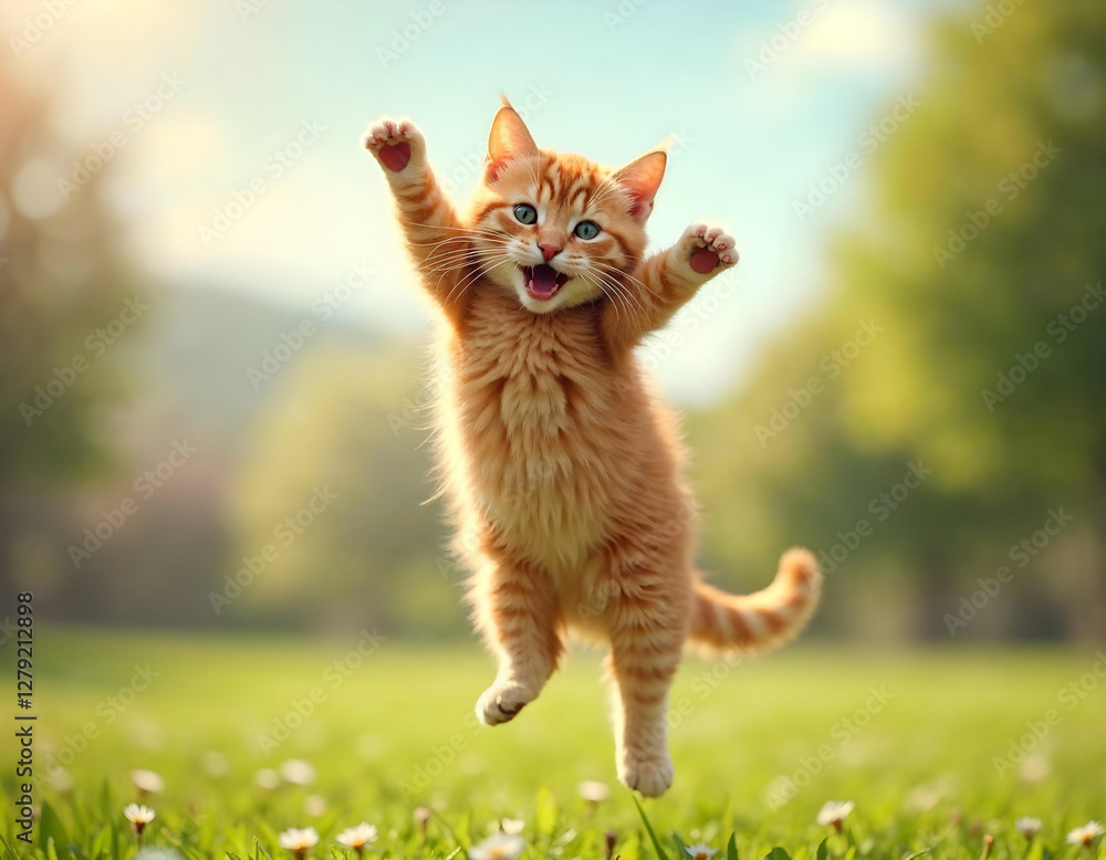 Funny red ginger cat flying in the air in spring