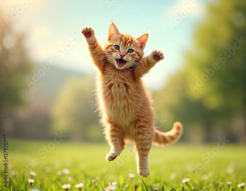 Obraz na płótnie Funny red ginger cat flying in the air in spring w salonie