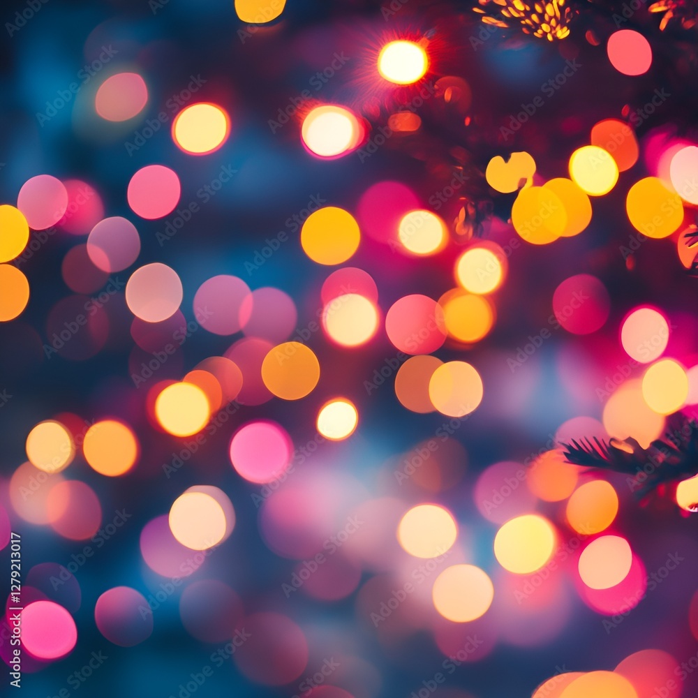 Fototapeta premium A colorful blur of festive lights in warm hues of pink, orange, and yellow, creating a joyful, celebratory ambiance.
