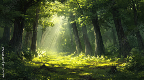 serene old growth forest with towering trees and dappled sunlight filtering through leaves creates peaceful atmosphere