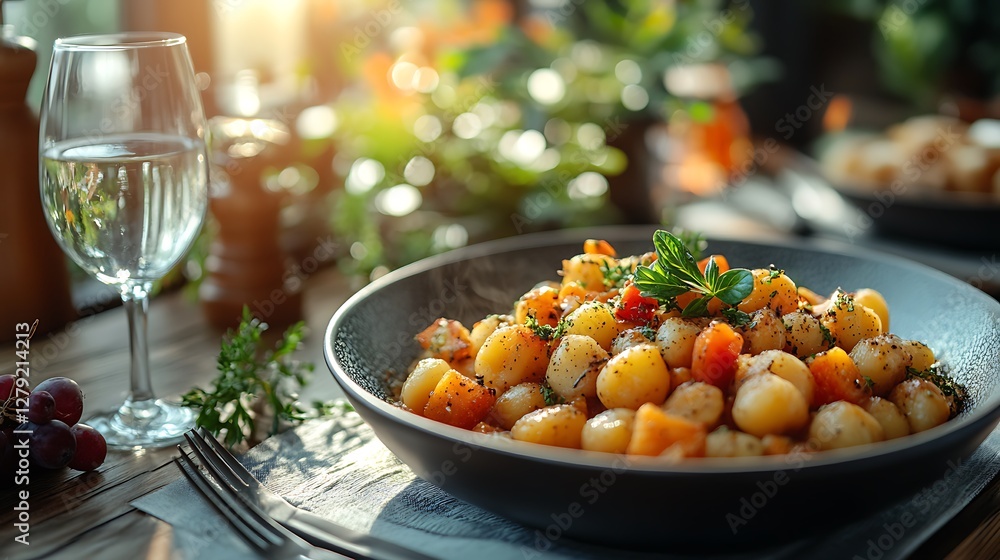 Warm and inviting dining table set with a healthy homemade dish of mixed vegetables Warm and inviting dining table set with a healthy homemade dish of mixed vegetables