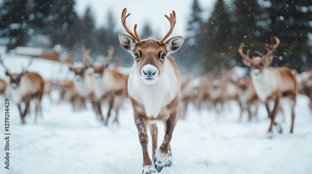 Reindeer roam freely on a winter day in the enchanting Lapland landscape Reindeer roam freely on a winter day in the enchanting Lapland landscape