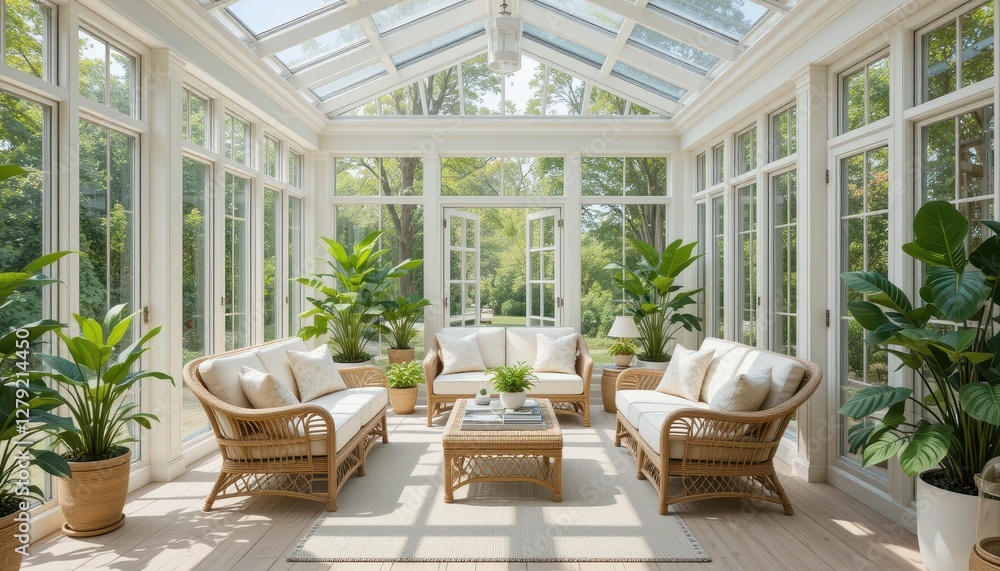 Bright and Airy Sunroom with Elegant Furniture and Abundant Plants Bright and Airy Sunroom with Elegant Furniture and Abundant Plants