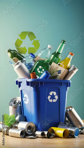 Recycling bin filled with various recyclable materials