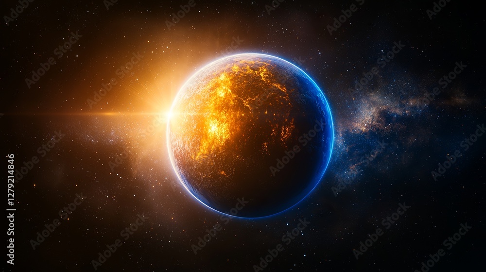 Obraz premium A vibrant view of a glowing planet surrounded by stars and cosmic elements.