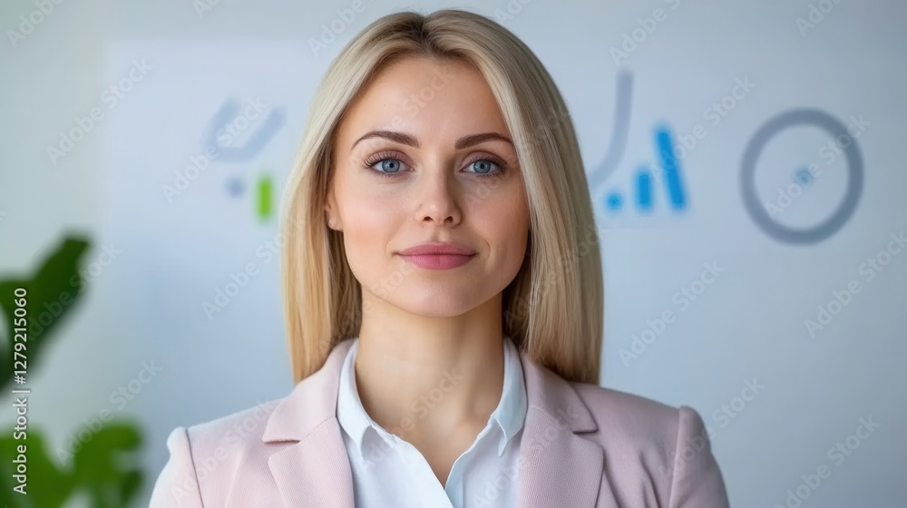 Portrait of a blonde woman with blue eyes, wearing a pink blazer and white shirt, against a blurred background of charts and graphs. The image is Portrait of a blonde woman with blue eyes, wearing a pink blazer and white shirt, against a blurred background of charts and graphs. The image is