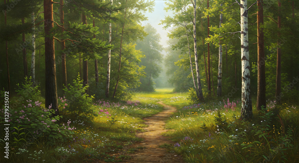 Fototapeta premium he painting realistically depicts a summer forest with a pathway leading to a sunlit glade surrounded by tall trees.