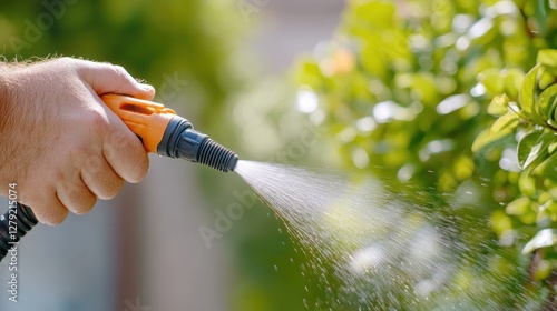 Man watering garden plants with hose in sunny afternoon