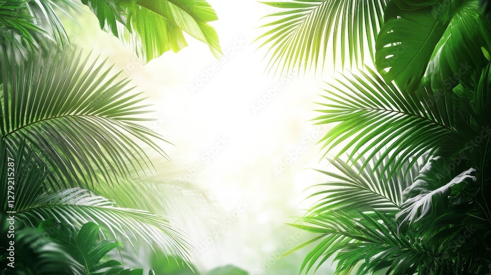 Lush Green Palm Fronds Create a Tranquil Pathway in a Tropical Rainforest During Early Morning Light in Nature's Paradise Lush Green Palm Fronds Create a Tranquil Pathway in a Tropical Rainforest During Early Morning Light in Nature's Paradise