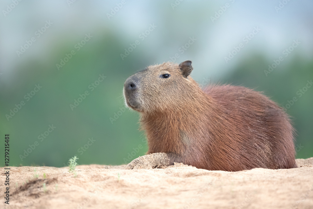 Portrait of a capybara lying a on a river bank Portrait of a capybara lying a on a river bank