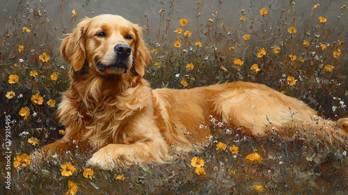 Golden retriever relaxing in a flower field nature photography peaceful outdoor setting charming canine friend