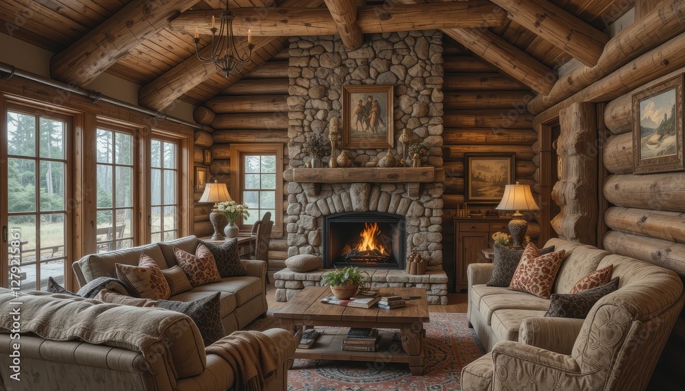 Fototapeta premium Cozy Rustic Cabin Living Room with Stone Fireplace and Wood Beams