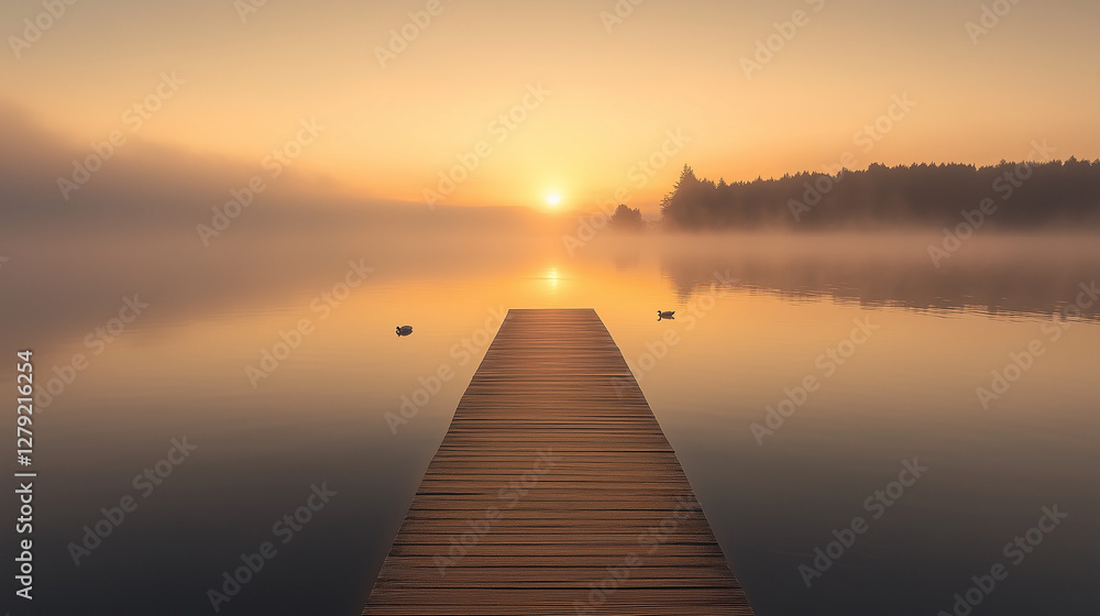 Obraz premium A lonely wooden pier extending into a calm lake at sunrise, surrounded by a soft mist
