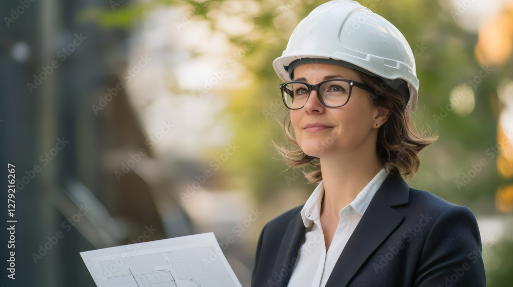 Female architect wearing hardhat, reviewing blueprint near ongoing construction project Female architect wearing hardhat, reviewing blueprint near ongoing construction project