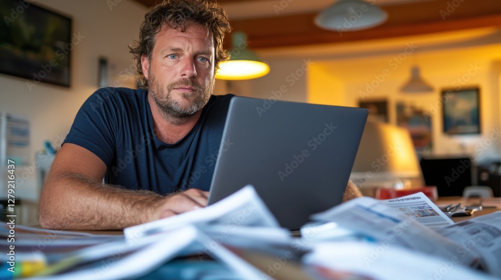 Journalist immersed in work among newspapers and a glowing monitor Journalist immersed in work among newspapers and a glowing monitor