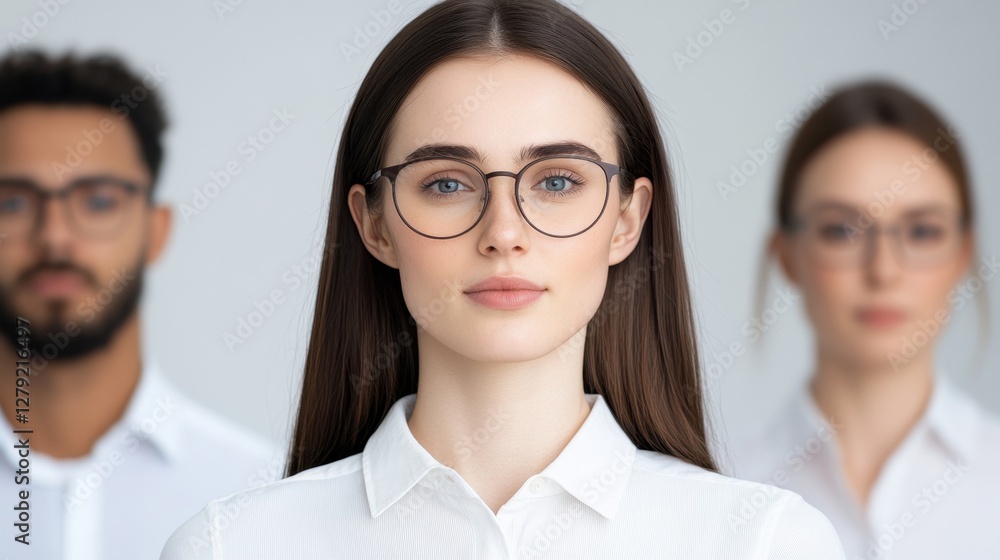 Portrait of three young professionals against a bright background. A woman with long brown hair and glasses is in focus in the foreground, while a Portrait of three young professionals against a bright background. A woman with long brown hair and glasses is in focus in the foreground, while a