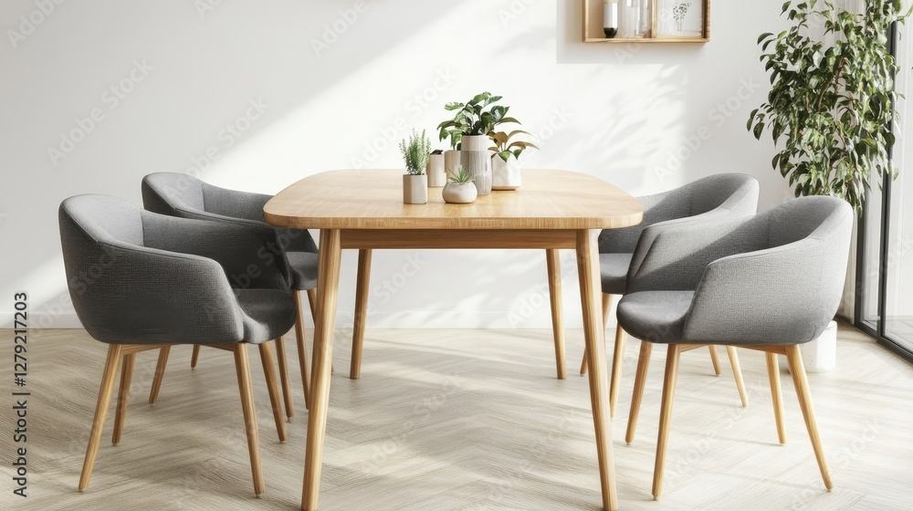 Modern Dining Room Setup With Wooden Table and Gray Upholstered Chairs Against a Neutral Backdrop Modern Dining Room Setup With Wooden Table and Gray Upholstered Chairs Against a Neutral Backdrop
