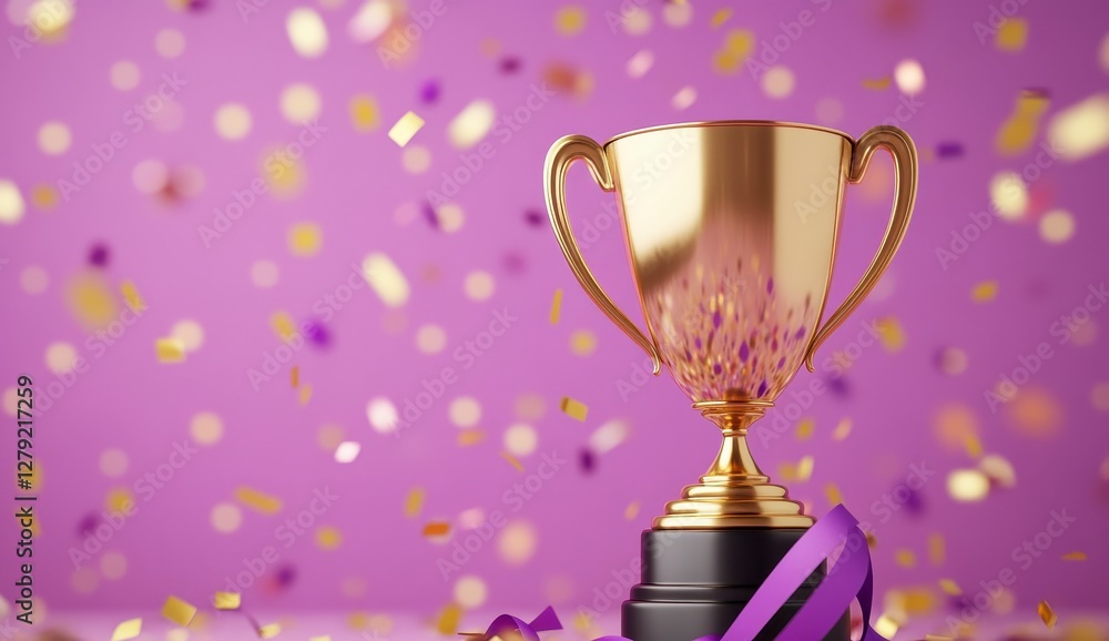 Fototapeta premium Gold Trophy with Purple and Gold Confetti on Purple Background