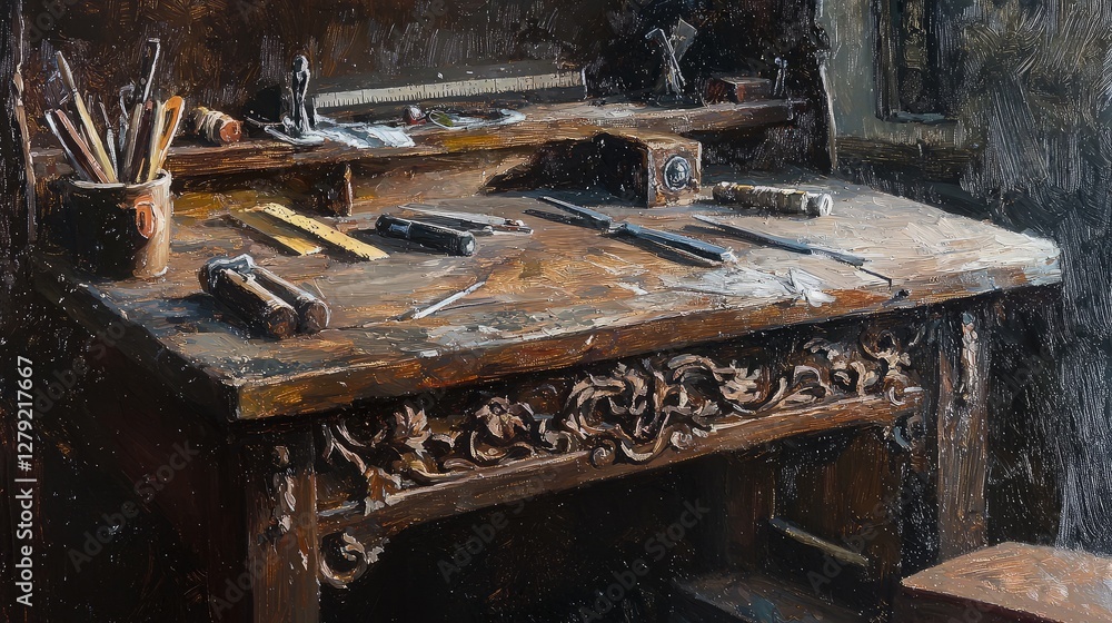 Fototapeta premium Antique workbench, tools, artisan's work space, historical craftsmanship, image for a magazine, advertising, or web design